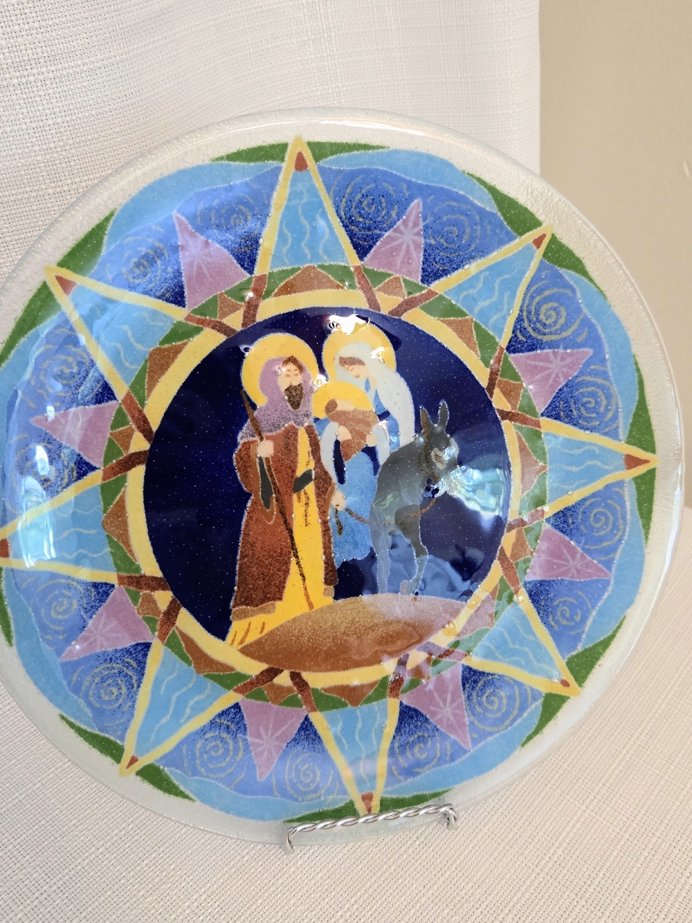 Fused Glass Plate Holy Family Christmas Wall Dish Signed Colorful